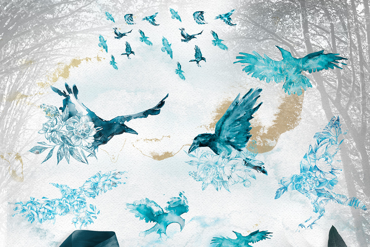 Watercolor Raven Clipart Set, an Animal Illustration by ArtCreationsDesign (Photo 5 of 7)