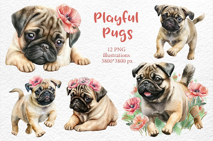 Playful Pugs. Watercolor, an Animal Illustration by Watercolor dreams