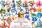 Watercolor Sea Life Kawaii Clipart, a Seasonal Illustration by Design Market (Thumbnail 1 of 5)