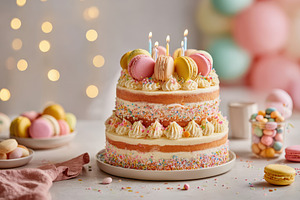Pastel birthday cake with macarons and candles, a Food & Drink Photo by AlyaAnd