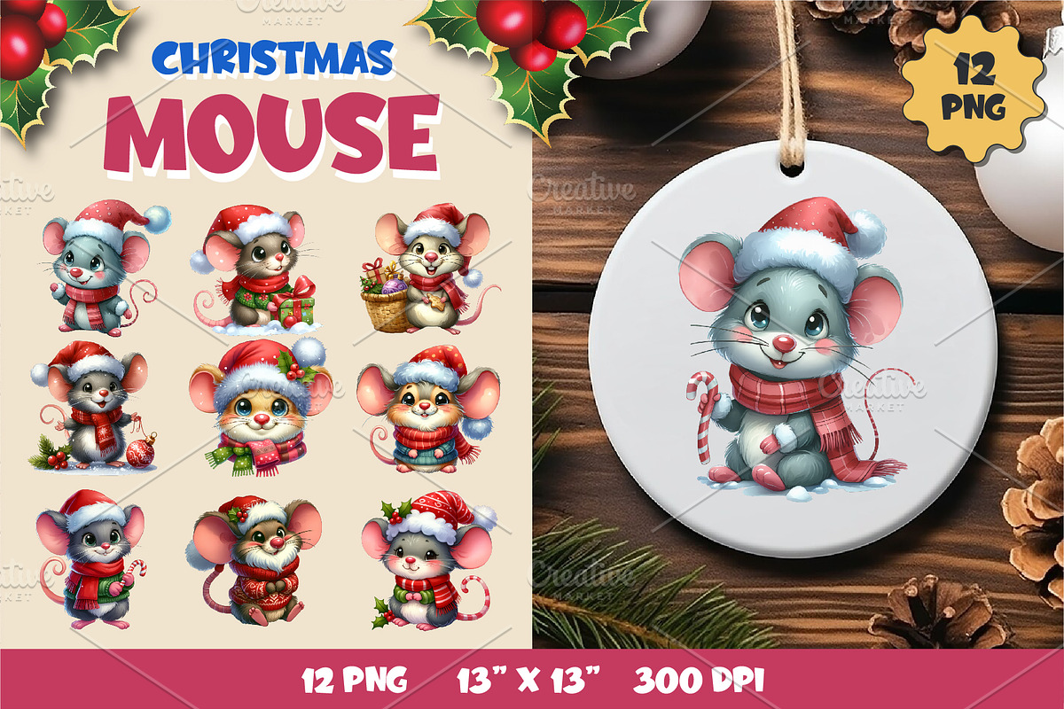 Christmas mouse, Watercolour, PNG., an Animal Illustration by KENO Mascots (Photo 1 of 8)