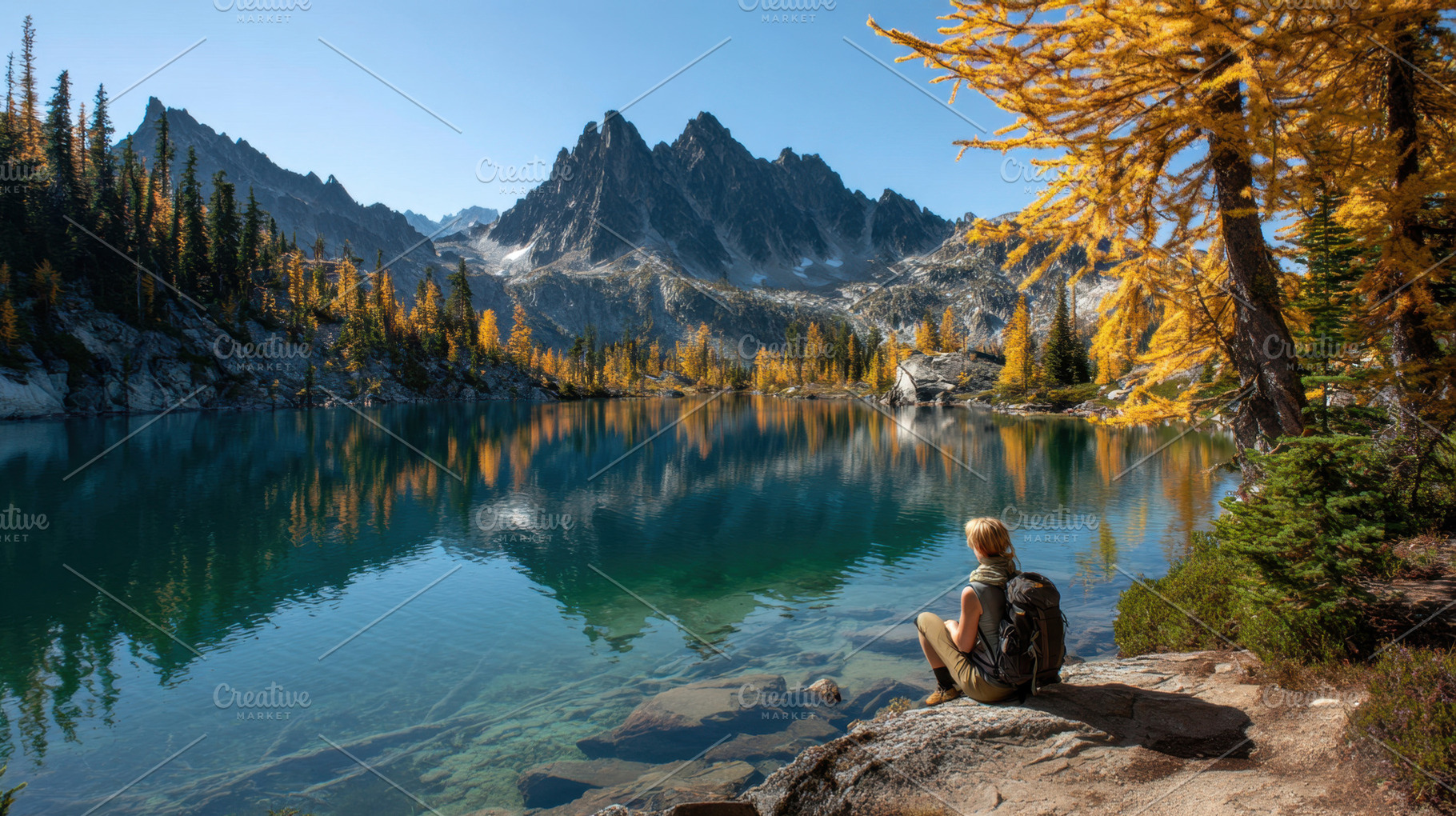 Hiker by lake in autumn, a Photo by Beautiful things
