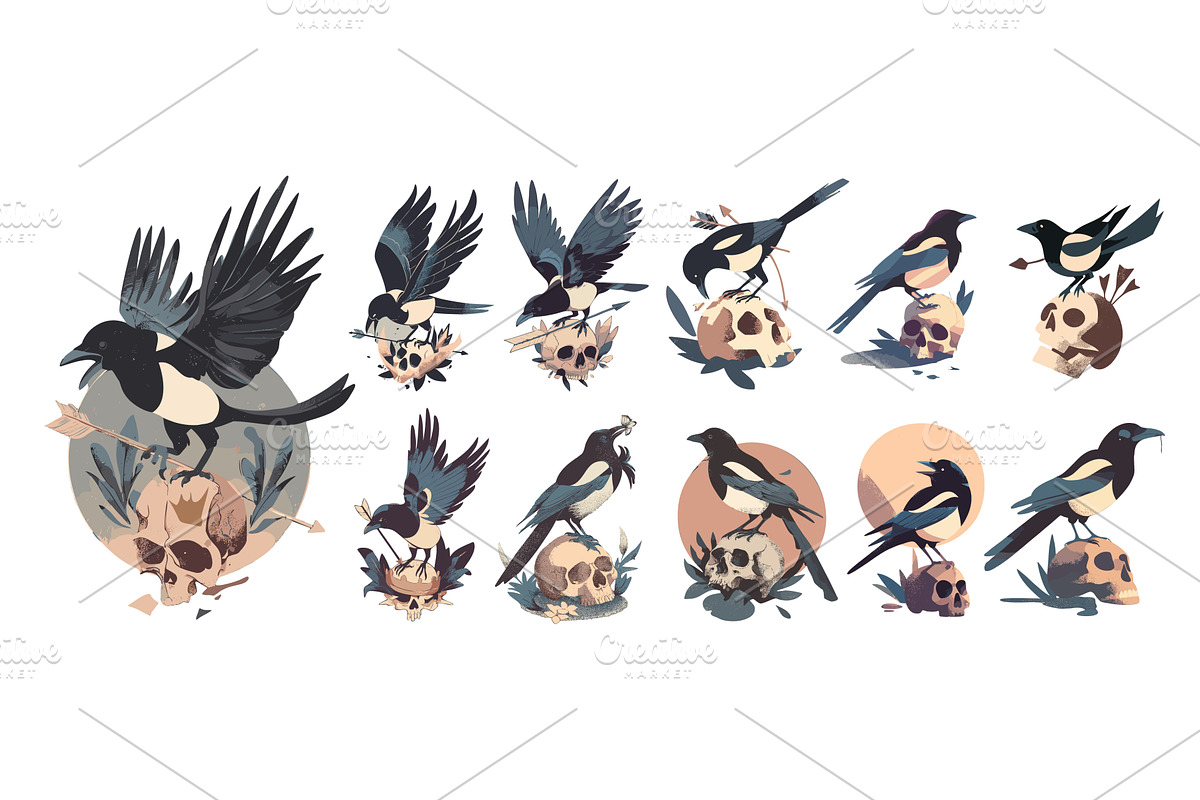 Magpie birds perched on human skulls, an Animal Illustration by Onyx