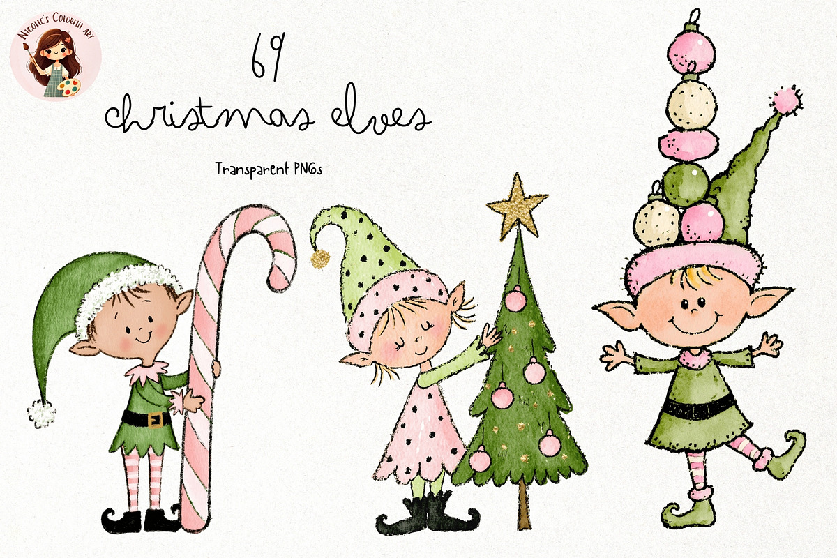 Christmas Elves PNG Clipart Bundle, a Seasonal Illustration by Nicolle's Colorful Art (Photo 1 of 6)