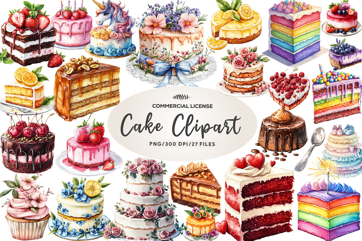 Watercolor Cake Clipart PNG, an Illustration by CreationArt (Photo 1 of 5)