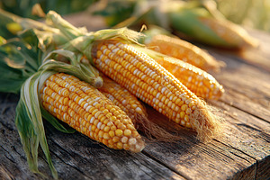 Sweet corn cobs with husks arranged on a rustic wooden surface during harvest s, a Food & Drink Photo by AlyaAnd