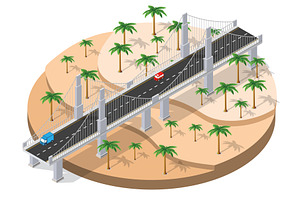 Cars crossing suspension bridge over, a Transportation Illustration by AlexZeL