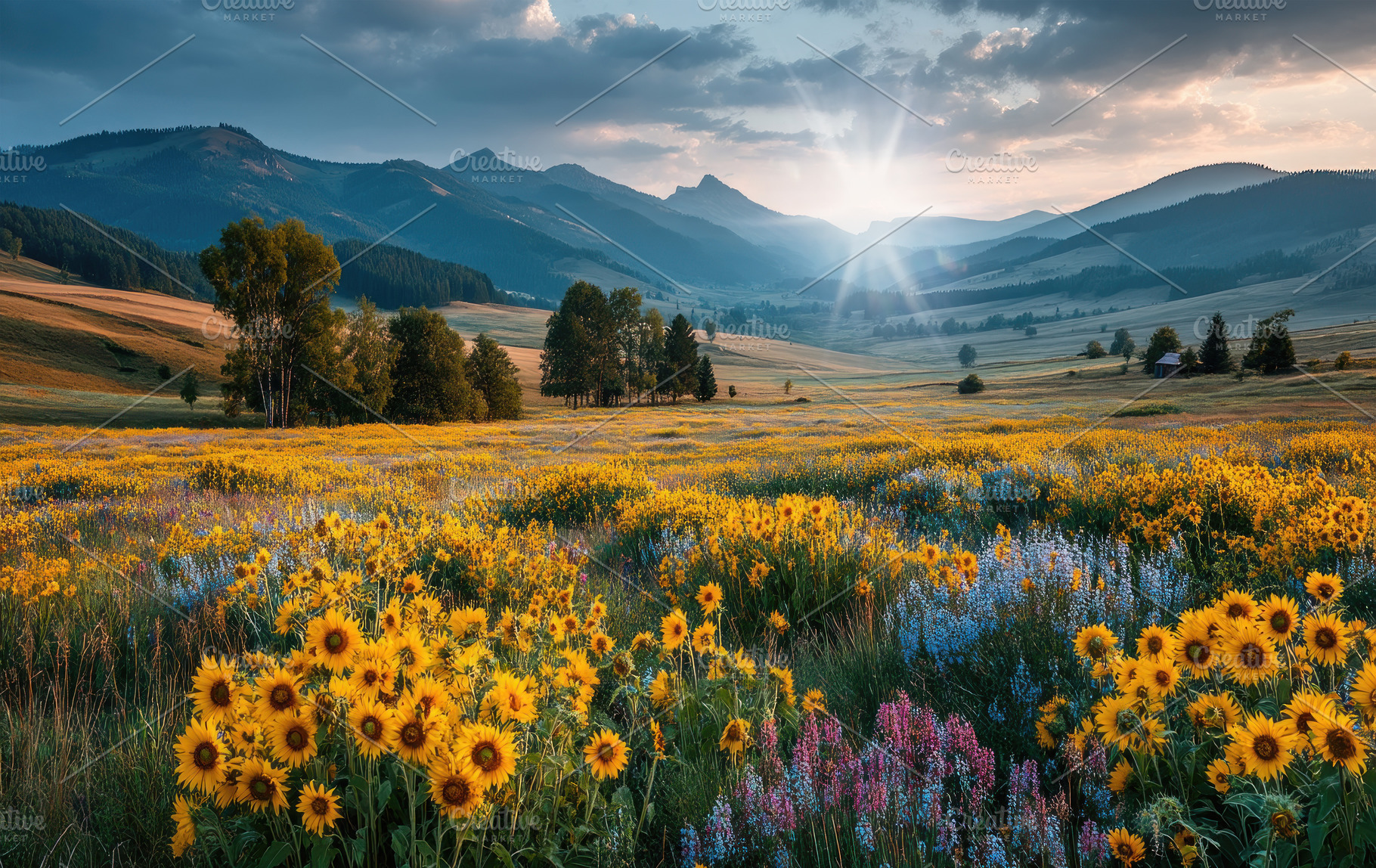 Golden sunflower meadow with colorful wildflowers and trees in a, a Nature Photo by José Manuel Gelpi