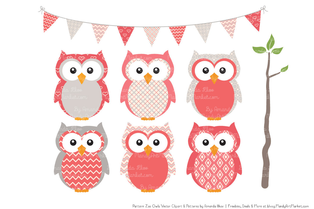 Owls Clipart & Patterns in Coral, an Animal Illustration by Amanda Ilkov (Photo 2 of 4)