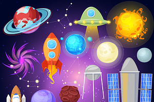 Space Vector Planets And Spaceship