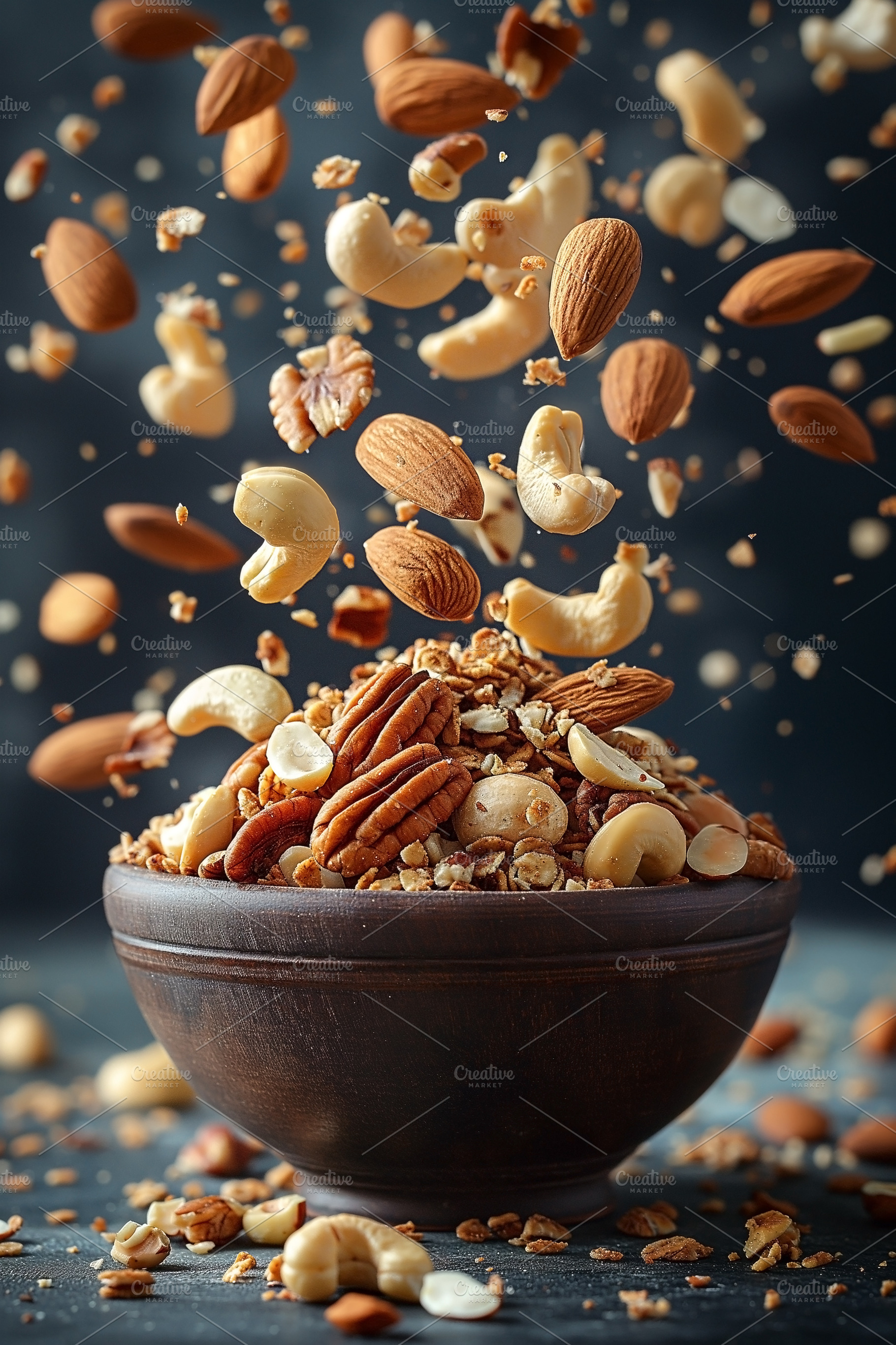 A stunning assortment of nuts and granola cascading into a woode, a Food & Drink Photo by ImageMir
