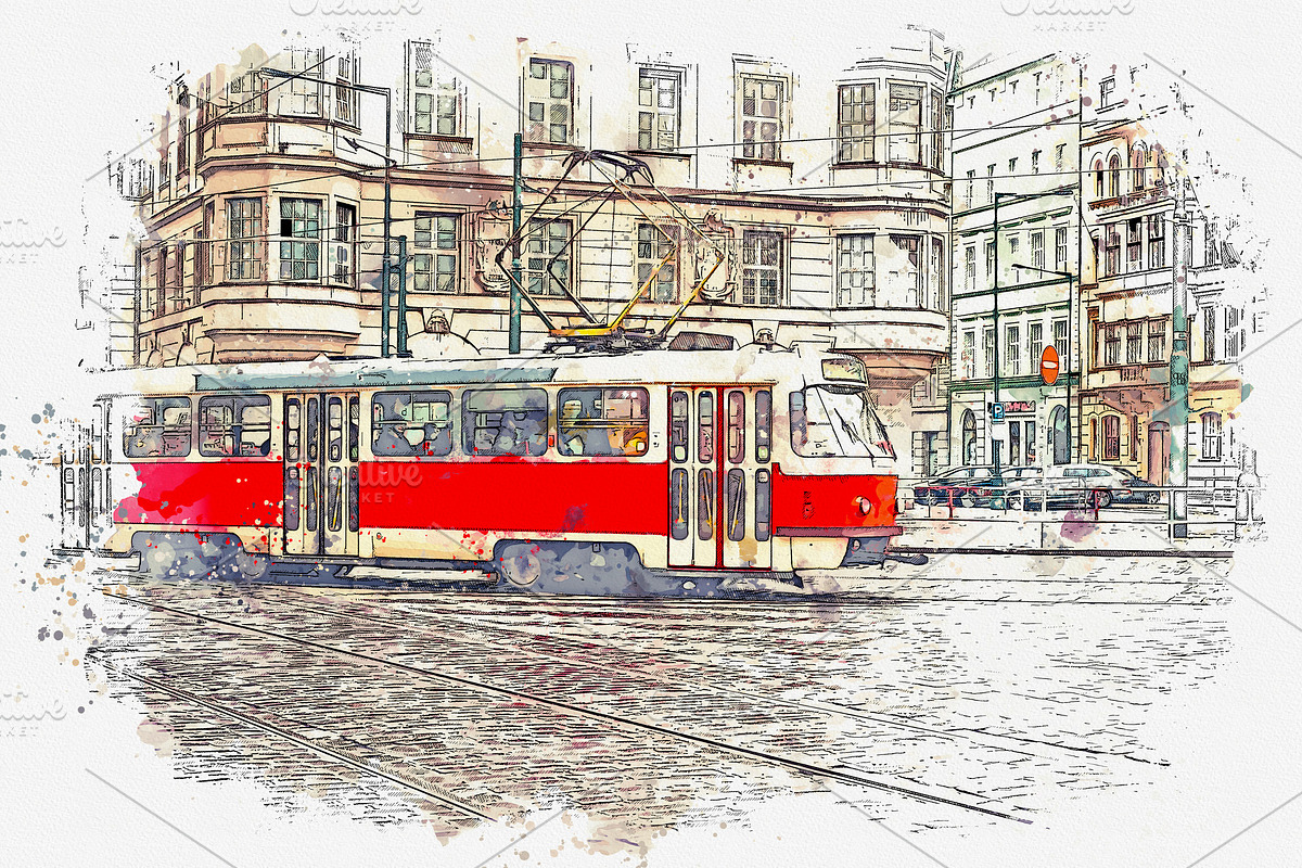A tram on a street in Prague, a Transportation Illustration by franz12