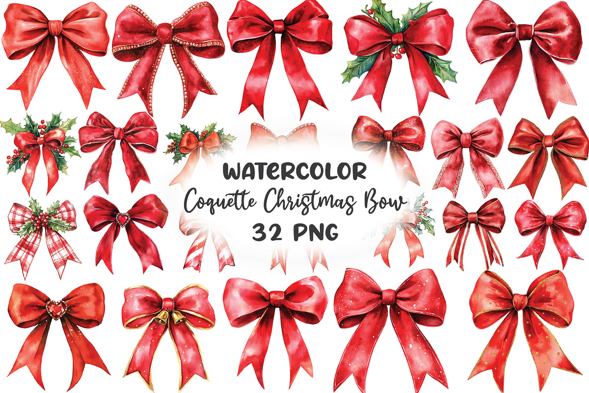 Red Coquette Christmas Bow Clipart, an Illustration by CraftArtStudio (Photo 1 of 6)