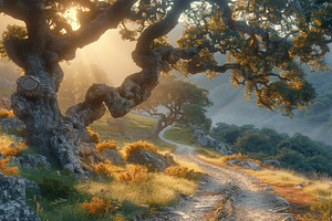 Winding mountain path under ancient oak trees with golden sunris, a Photo by José Manuel Gelpi