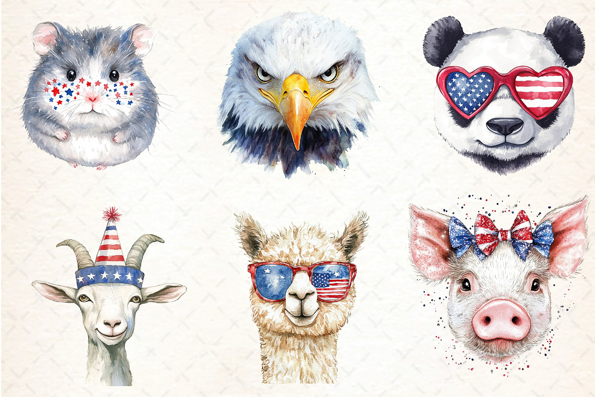 Watercolor Animal 4th of July Clipar, an Illustration by DreamCafeArt (Photo 3 of 7)