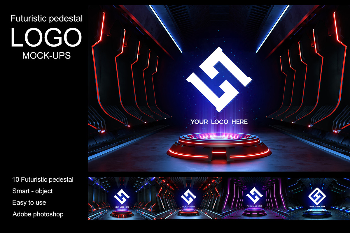 Futuristic pedestal Logo mock-ups, a Product Mockup by S_design (Photo 1 of 12)