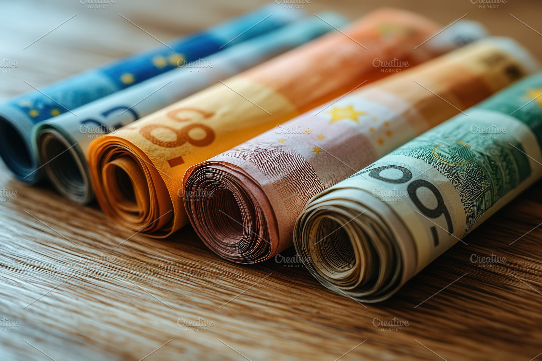 European currency rolls displayed on, a Photo by Tanuart