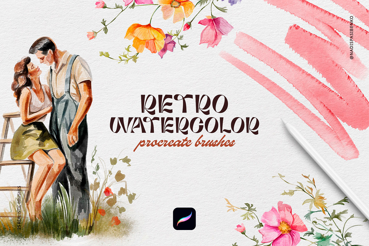 Watercolor Procreate Retro Brushes, a Brush Add-On by Spasibenko Art (Photo 1 of 12)