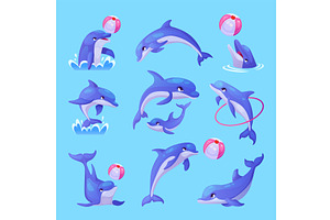 Cartoon dolphins. Cute dolphin happy, an Animal Illustration by Stock-Smart-Start