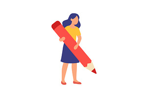 Woman holding giant red pencil. Flat, a Person Illustration by GraphiShop