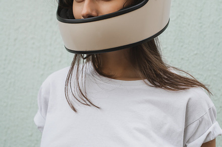 Girl in helmet featuring woman, fashion, and retro, a Person Photo by Aliaksei Kaponia