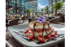 On a plate, a traditional caprese, a Food & Drink Photo by ZinetroN