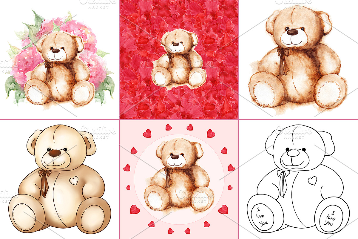 Watercolor cute Teddy Bear pack, an Animal Illustration by Art By Silmairel (Photo 2 of 4)