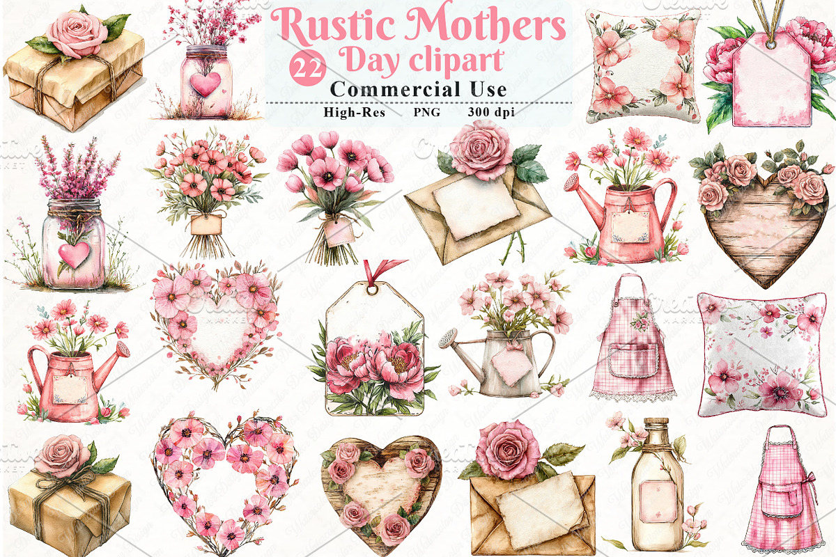 Rustic Mothers Day Clipart, an Illustration by Watercolor design (Photo 1 of 12)
