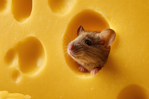 Mouse looks out from cheese hole, a Photo by Beautiful things