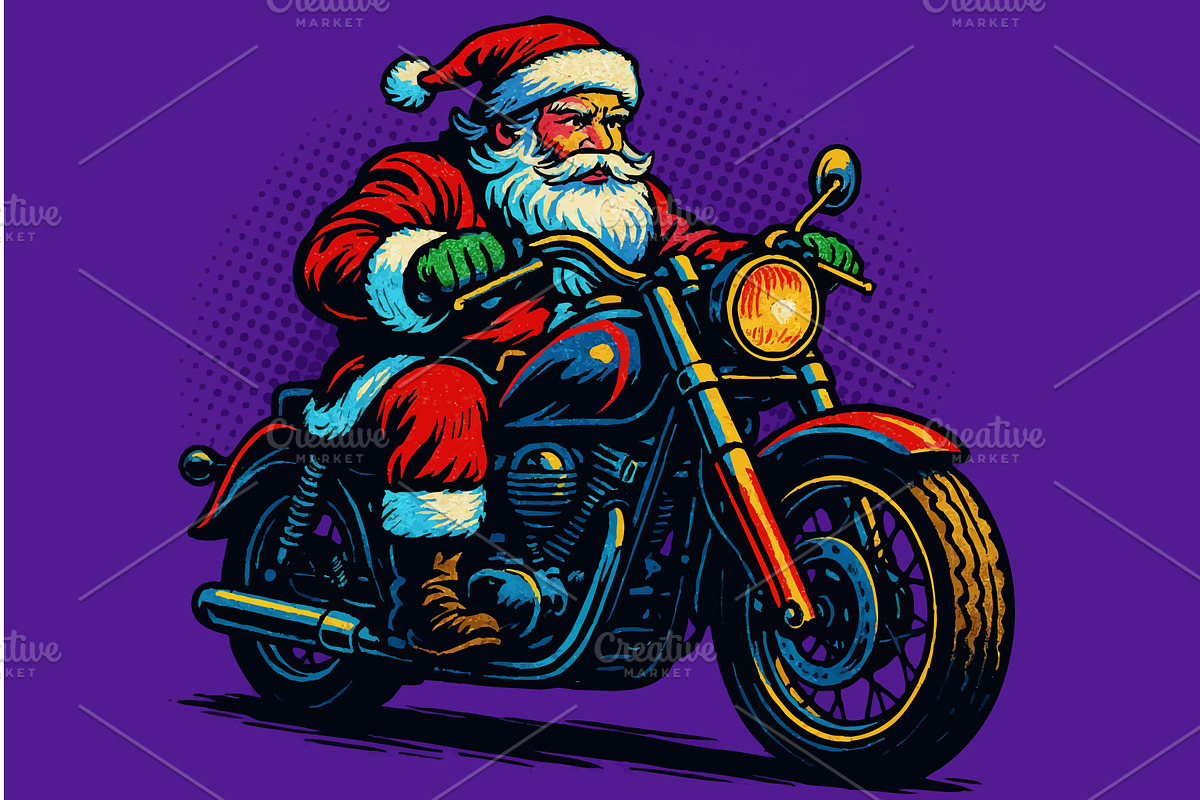 Santa Claus Riding Motorcycle in Pop, an Illustration by AlexArt