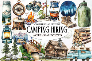 Watercolor Camping Hiking Clip Art, an Illustration by Designworld