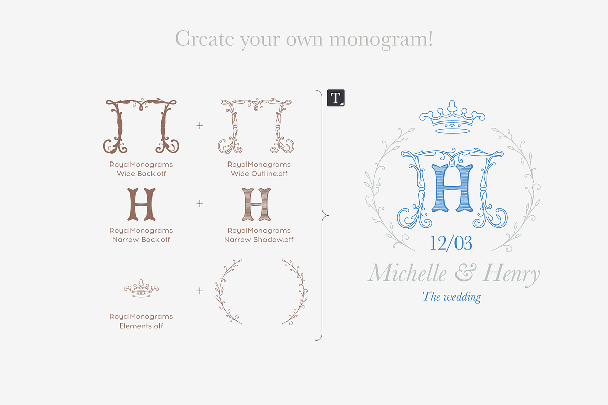 Royal Wedding Monograms font family, a Script Font by kaer_shop (Photo 7 of 10)