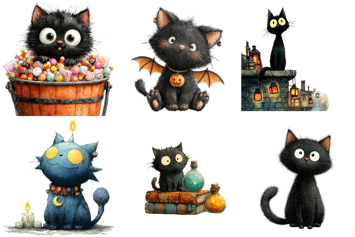 Halloween Black cats Clipart, an Illustration by Watercolor design (Photo 2 of 4)