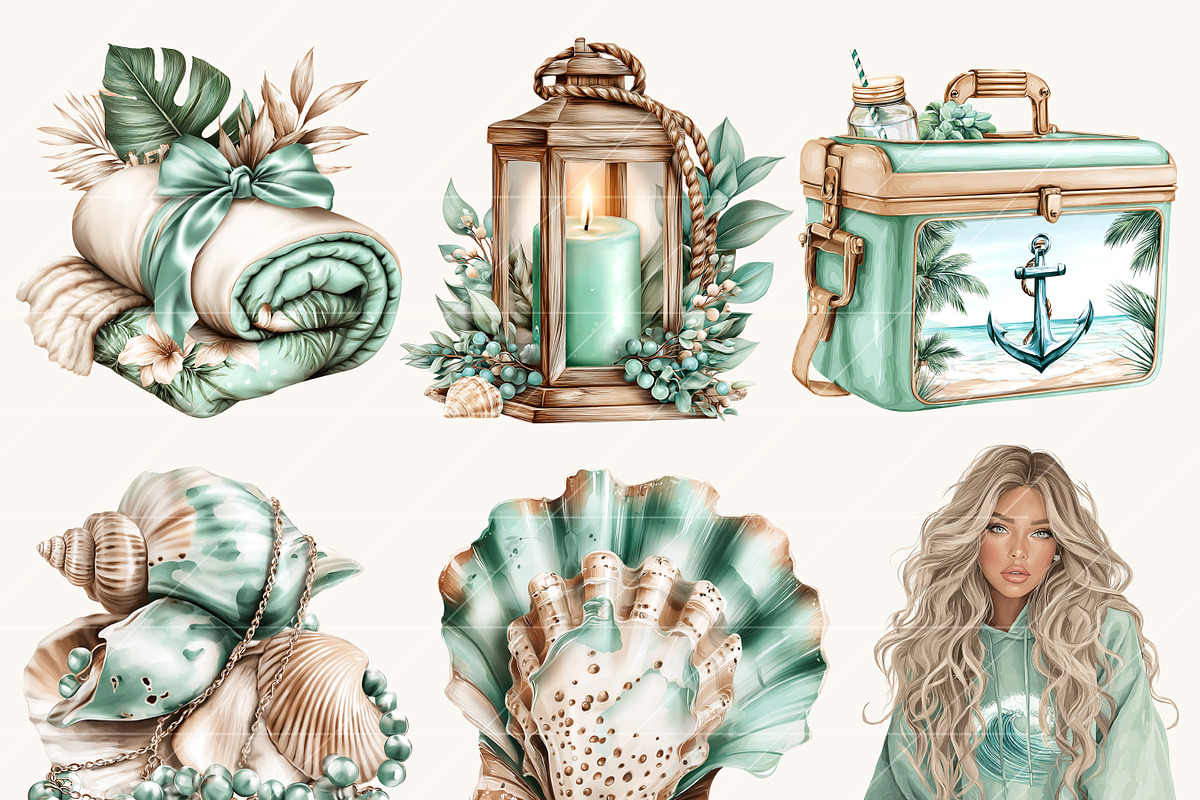 Watercolor Summer Beach Clipart, a Seasonal Illustration by BusyDaydesign (Photo 5 of 9)