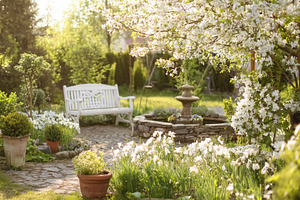 Relaxing garden scene featuring a rustic stone fountain, white w, a Photo by Studio ANNA