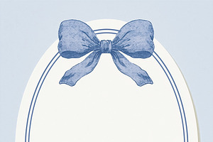 Oval frame card with delicate watercolor blue ribbons, creating, an Illustration by Studio ANNA