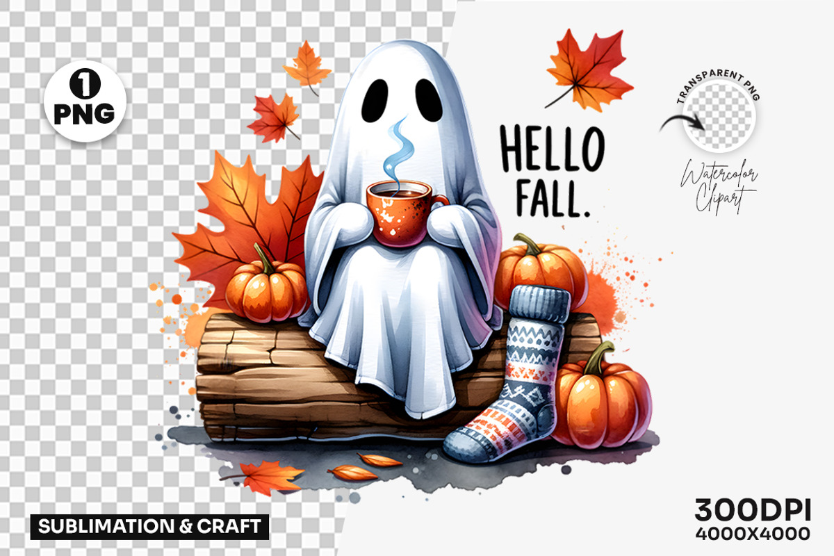 Hello Fall Ghost Pumpkin Clipart PNG, a Seasonal Illustration by Creative Arslan (Photo 1 of 3)