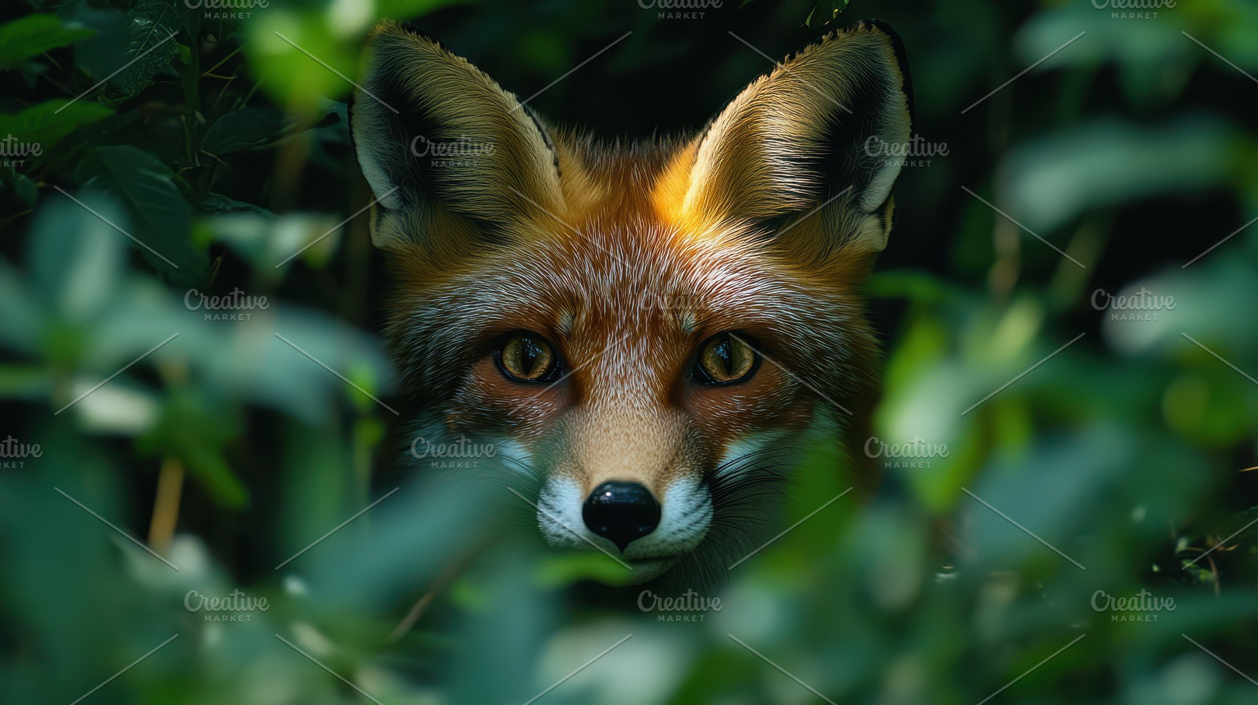 Red fox peers through a lush screen, an Animal Photo by Pixeness Studio