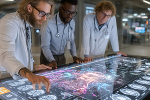 Doctors Analyzing Digital Brain Imaging Data on an Interactive Display in a Lab, a Health & Medical Photo by AS photostudio