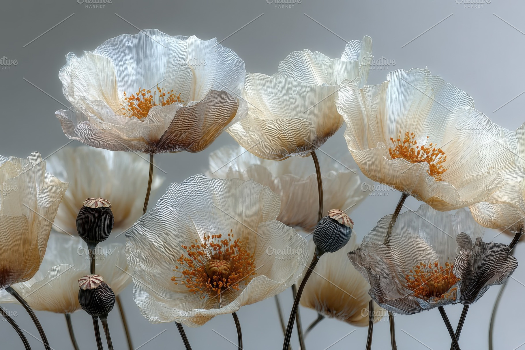 Delicate translucent poppies in beig, a Photo by Pixeness Studio
