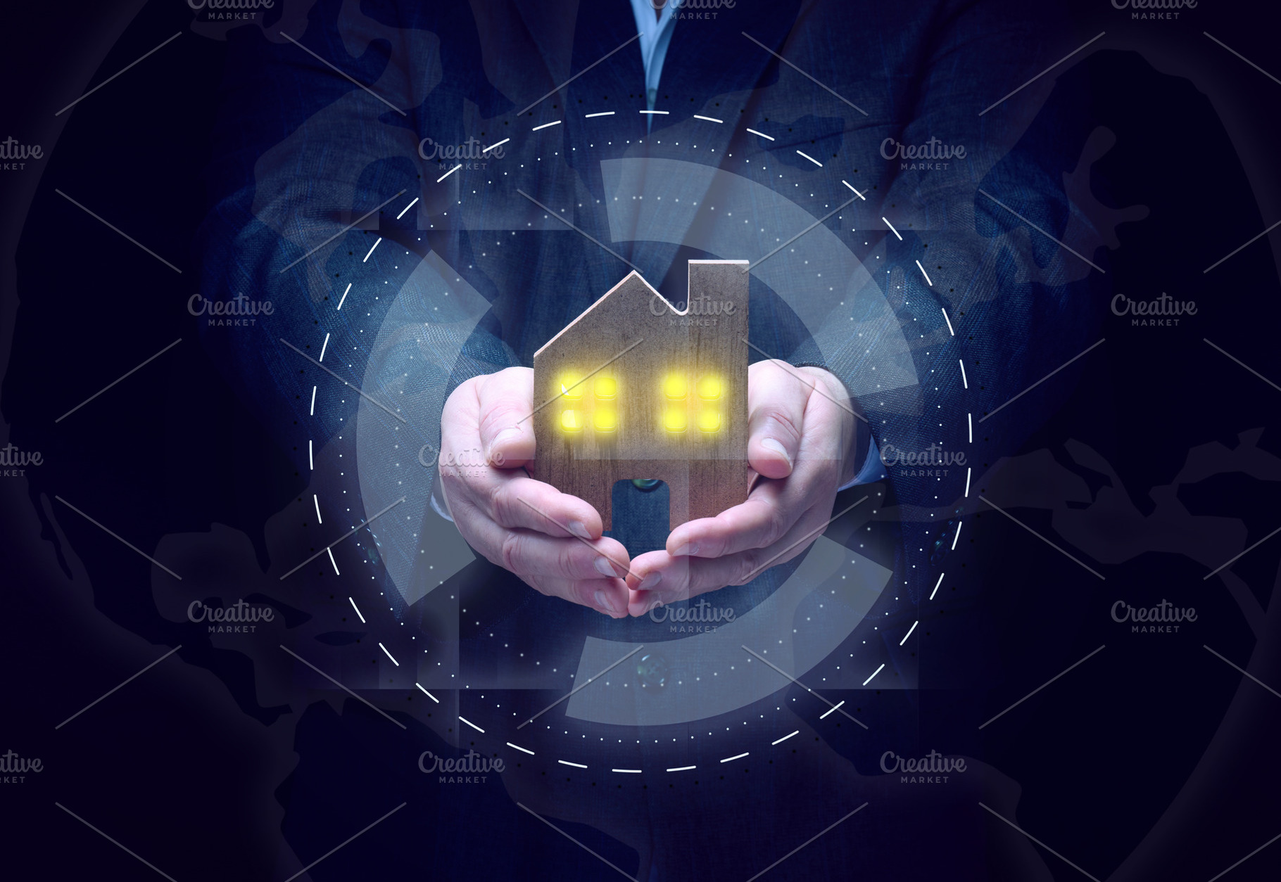 businessman in a suit holds a wooden model of a house on a dark, a Business Photo by ndanko