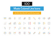 100 Music Colored Line Icons, an Outline Icon by Creative Stall (Thumbnail 1 of 2)