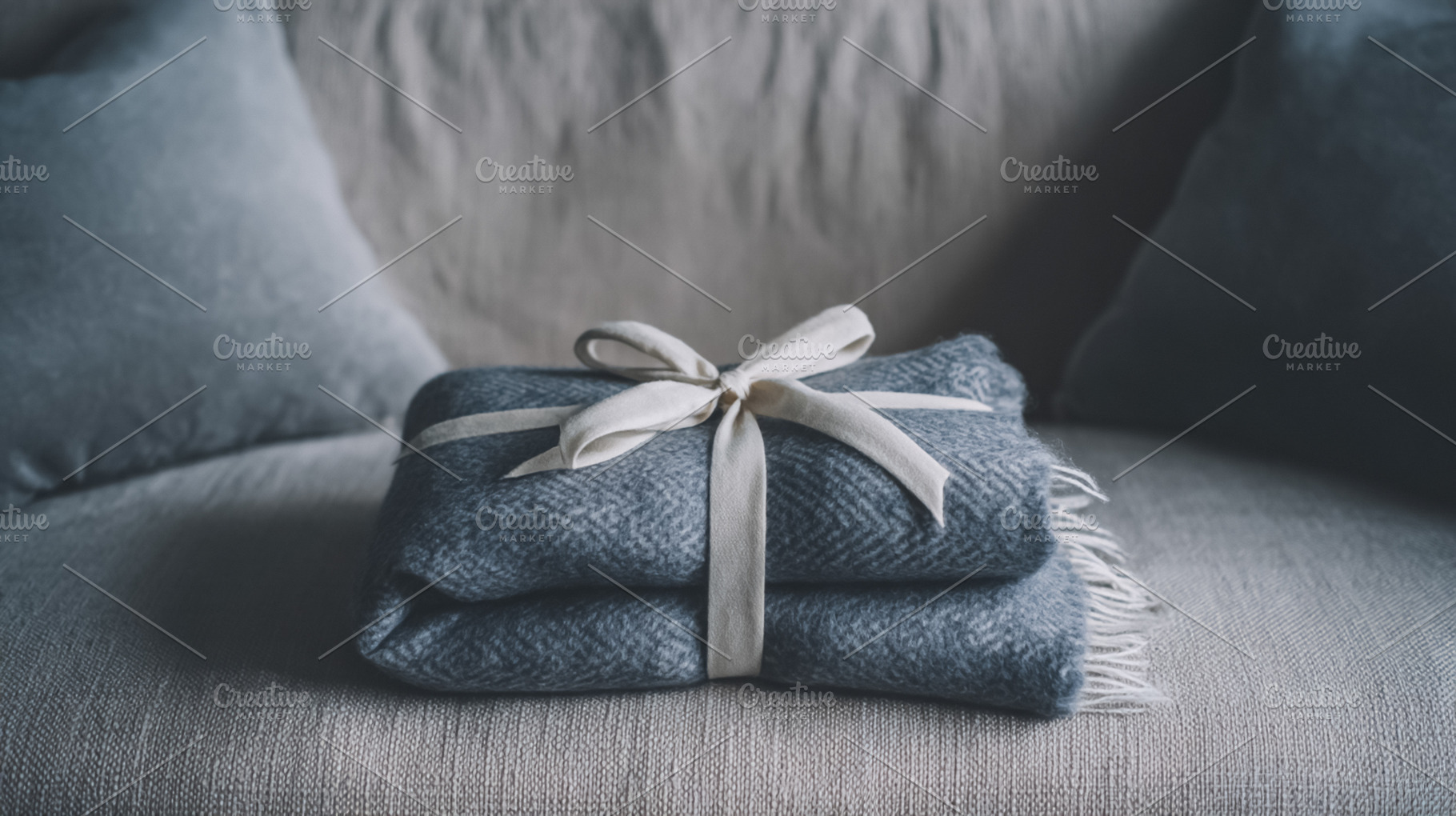 Cozy wool blanket present with ribbon bow sitting on sofa, repre, a Photo by Studio ANNA