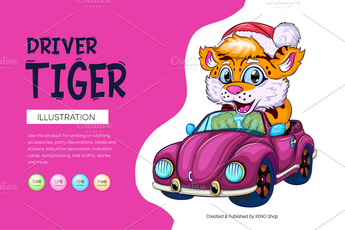 Cartoon Tiger on Car., an Animal Illustration by KENO Mascots (Photo 1 of 3)