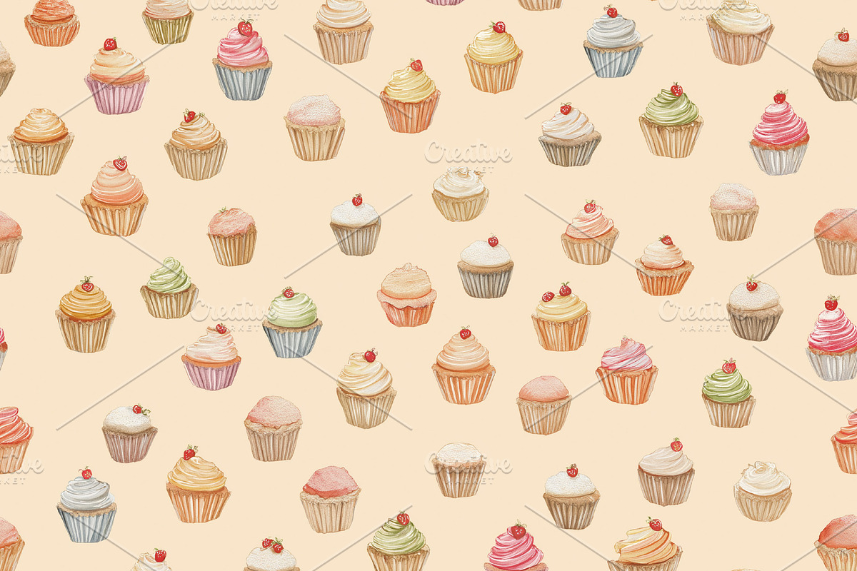Seamless pattern, watercolor cupcakes creating a seamless decora, a Pattern Graphic by Studio ANNA