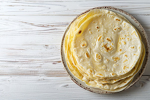 Flat lay of stack of corn tortillas on wooden table, a Food & Drink Photo by AlyaAnd