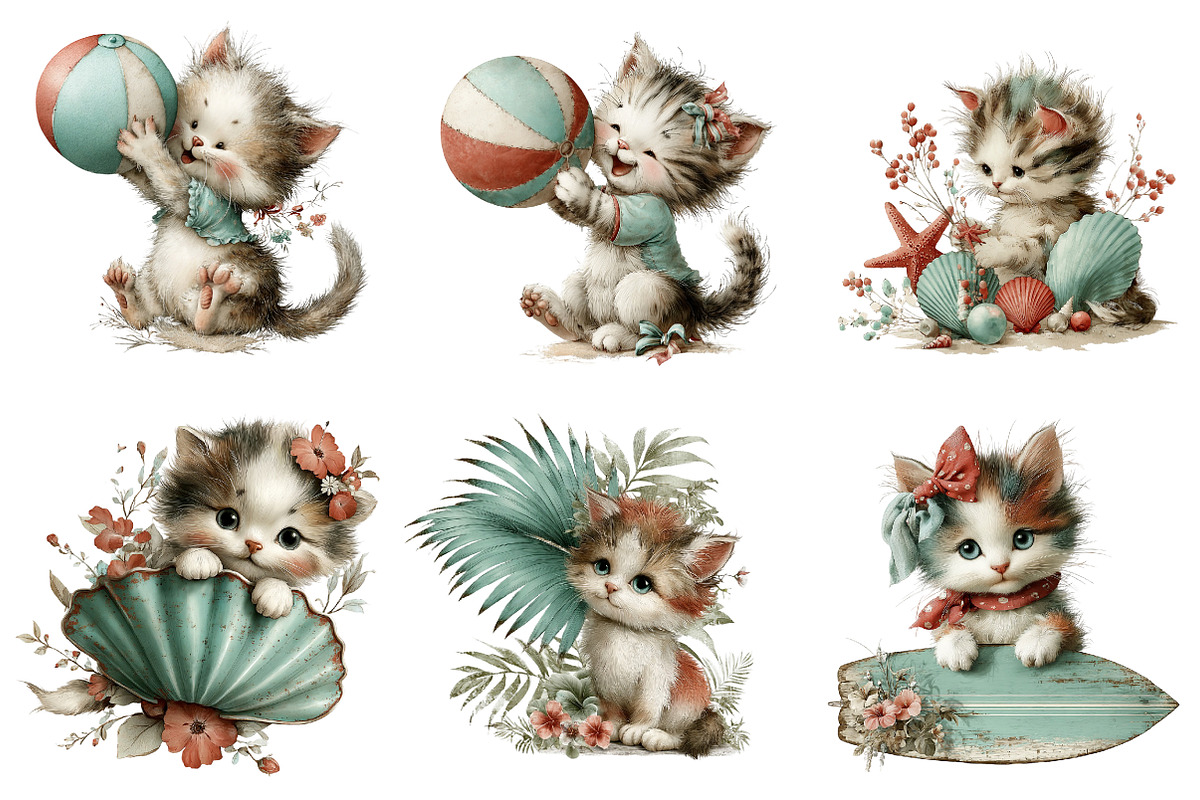 Whimsical Summer Cat Clipart, an Illustration by CreationArt (Photo 4 of 7)