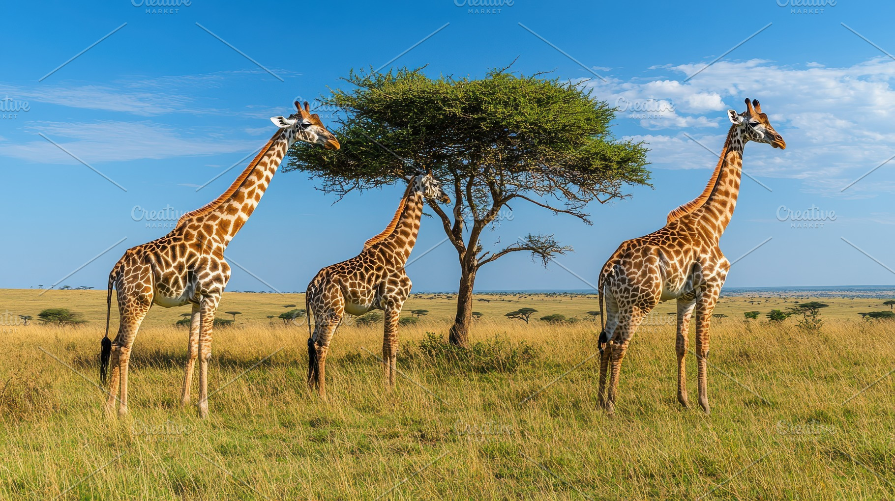 Giraffes grazing peacefully near a t, an Animal Photo by Pixeness Studio