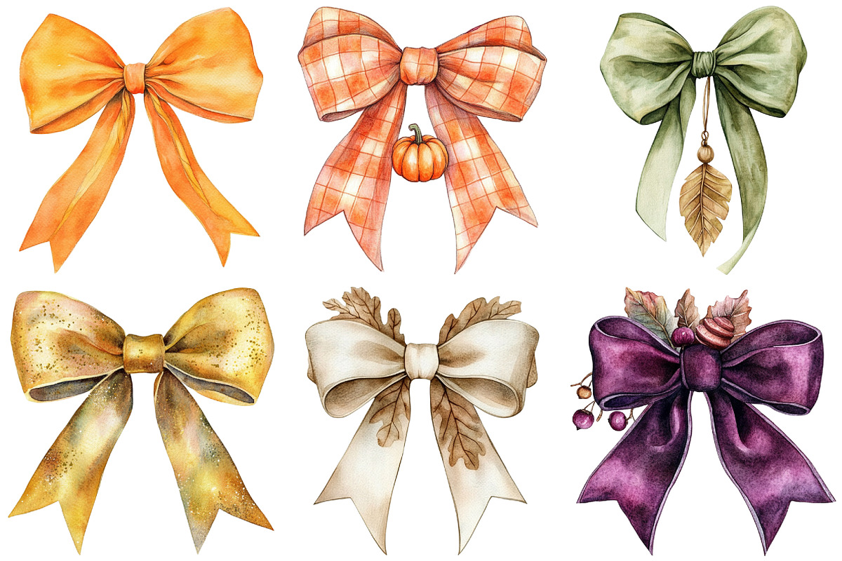 Watercolor Autumn Bow Clipart Bundle, an Illustration by Craft Nest (Photo 2 of 6)
