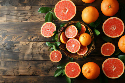 Wicker Basket With Fresh Grapefruits on Wooden Table With Green Leaves, a Photo by AS photostudio
